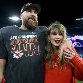 Travis Kelce and Taylor Swift after the Chiefs beat the Baltimore Ravens in the AFC Championship Game at M&T Bank Stadium on Jan. 28, 2024 in Baltimore, Maryland. 