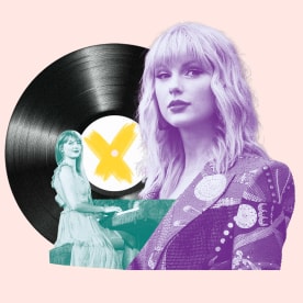Collage of taylor swift playing music with a vinyl record behind her and portrait of the artist on the side