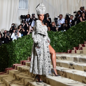 Rihanna arrives for the 2018 Met Gala on May 7, 2018, at the Metropolitan Museum of Art in New York. The Gala raises money for the Metropolitan Museum of Art's Costume Institute. The Gala's 2018 theme is "Heavenly Bodies: Fashion and the Catholic Imagination." 