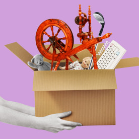 collage of arms holding box of stuff including a spinning wheel on purple background