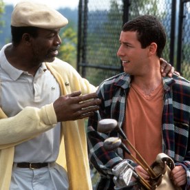 Carl Weathers talks to Adam Sandler in a scene from the film 'Happy Gilmore', 1996.