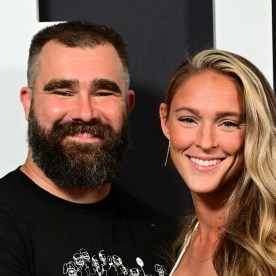 Jason Kelce and Kylie Kelce at the "Kelce" premiere on Sept. 8, 2023 in Philadelphia, Pennsylvania. 