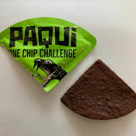 Paqui One Chip Challenge wrapper and chip.