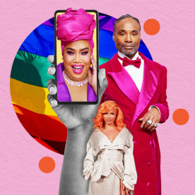 A vibrant pink collage showcasing Billy Porter and Sasha Colby, next to a cut-out hand holding a phone displaying Patrick Starr. A circular rainbow flag waves in the background.
