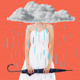 collage of bride in rain cloud with umbrella on orange paper background