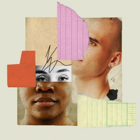 Collage of different photos of people and scraps of paper on a neutral backdrop