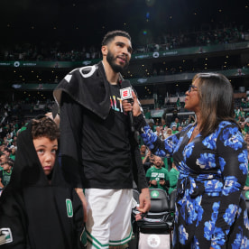 Jayson Tatum #0 of the Boston Celtics talks to the media after the game against the Dallas Mavericks during Game 1 of the 2024 NBA Finals on June 6, 2024 at the TD Garden in Boston, Massachusetts.
