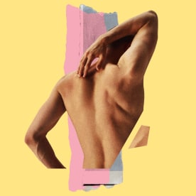 collage of a back of person cut out with scraps of paper on a bright yellow background 