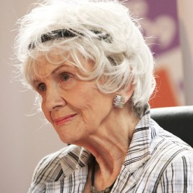Alice Munro speaks to the media as she receives her Man Booker International award