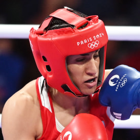 Imane Khelif during the Women's 66kg preliminary round match against Angela Carini.