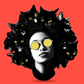 Surrealistic woman with yellow sunglasses and hair transformed into wild mass of black cats with glowing eyes. Contemporary art collage.