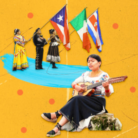 Hispanic people holding flags and playing the guitar