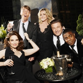 (l-r) Tina Fey as Liz Lemon,  Jack McBrayer as Kenneth Parcell, Jane Krakowski as Jenna Maroney, Alec Baldwin as Jack Donaghy, Tracy Morgan as Tracy Jordan.