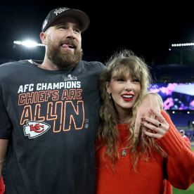 Travis Kelce with Taylor Swift after a 17-10 victory against the Baltimore Ravens in the AFC Championship Game. 