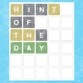 Drawing of the New York Times 'Wordle' game board with the words "hint of the day" on the board.