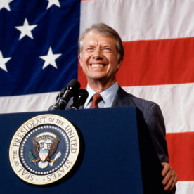 President Jimmy Carter addressing a town meeting in Elk City, Oklahoma on March 3, 1979. 