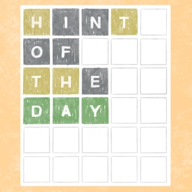 Drawing of the New York Times 'Wordle' game board with the words "hint of the day" on the board.