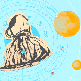 Paper cutout of the aquarius zodiac on a blue background