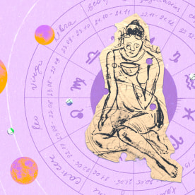 Paper cutouts of the Virgo zodiac on a purple background