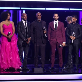 Craig Wayans, Chaunté Wayans, Kim Wayans, Marlon Wayans, Damon Wayans, Damon Wayans Jr., and Damien Dante Wayans accept the NAACP Awards Hall of Fame award.