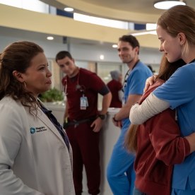 Justina Machado as Dr. Natalie Cruz, Sophia Torres as Vero Cruz, and Willa Fitzgerald as Danny Simms in "Pulse." 