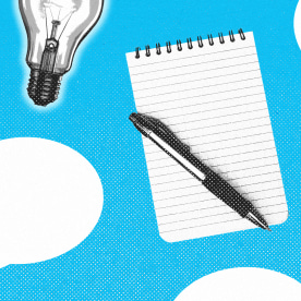 Light bulbs, note pads and pens, and speech bubbles repeated in a pattern against a blue background.