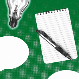 Light bulbs, note pads and pens, and speech bubbles repeated in a pattern against a green background.
