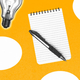 Light bulbs, note pads and pens, and speech bubbles repeated in a pattern against a yellow background.