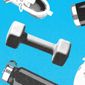 Running sneakers, water bottles, and weights repeating in a pattern against a blue background.