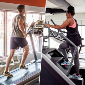 Man on inclined treadmill/Woman on stair climber.