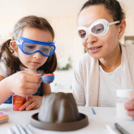 Home science experiment of volcano with baking soda. 
