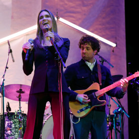 Mandy Moore and Taylor Goldsmith perform during "A Concert for Altadena" at Pasadena Civic Auditorium on Jan. 7, 2026 in Pasadena, California. 