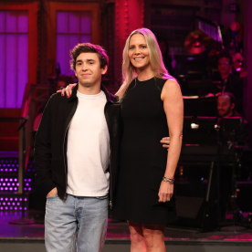 Marcello Hernández and his mother on Saturday Night Live. 