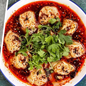 Wang Tulum's window and a bowl of dumplings in red chili oil.