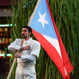 Bad Bunny with the Puerto Rican flag during his Super Bowl halftime show on Feb. 8, 2026.