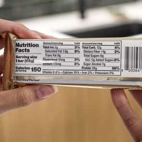 The Nutrition Facts of a David Protein blueberry pie flavored bar.