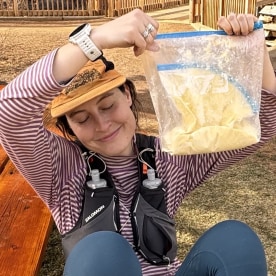 Libby Cope takes to the trail to churn her butter.