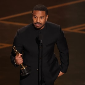 Michael B. Jordan accepts the award for Best Actor in a Leading Role for "Sinners" onstage during the 98th Annual Academy Awards at the Dolby Theatre in Hollywood.