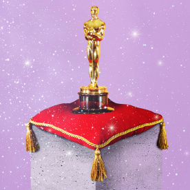 collage of the oscar award on a red pillow surrounded by stars 