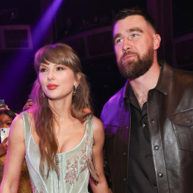 Taylor Swift and Travis Kelce attend the iHeartRadio Music Awards at Dolby Theatre on March 26, 2026 in Los Angeles.