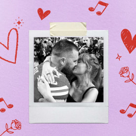 collage of taylor swift and travis kelce with love doodles