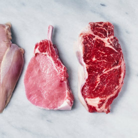 Raw meat (chicken breast, pork chop, and beef steak)