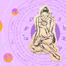 Paper cutout of the Virgo zodiac on a purple background