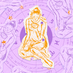 Paper cutouts of the Virgo zodiac on a purple background