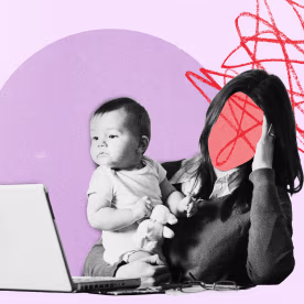 collage of stressed mom working on computer