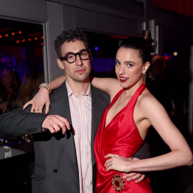 Jack Antonoff and Margaret Qualley attend the 2025 Vanity Fair Oscar Party Hosted By Radhika Jones at Wallis Annenberg Center for the Performing Arts on March 02, 2025 in Beverly Hills, California.
