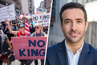 Split image of Ari Melber and an image from the No Kings protest 