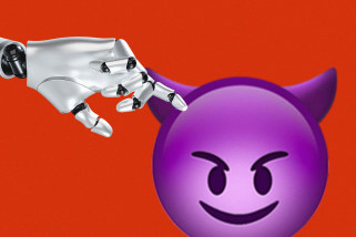Photo illustration of a robot hand pointing at a mischievous emoji against a red background 