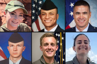 A split composite image featuring six Air Force members
