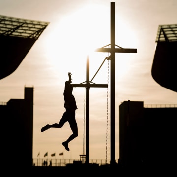 An athlete participates in the pole vault event at the ISTAF World Challenge Meeting at the Olympic Stadium in Berlin, Germany on Sept. 3, 2016.